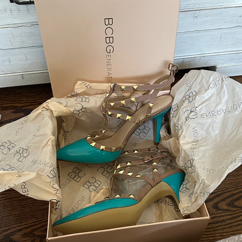 BCBGeneration Teal and Brown Strappy Heels
